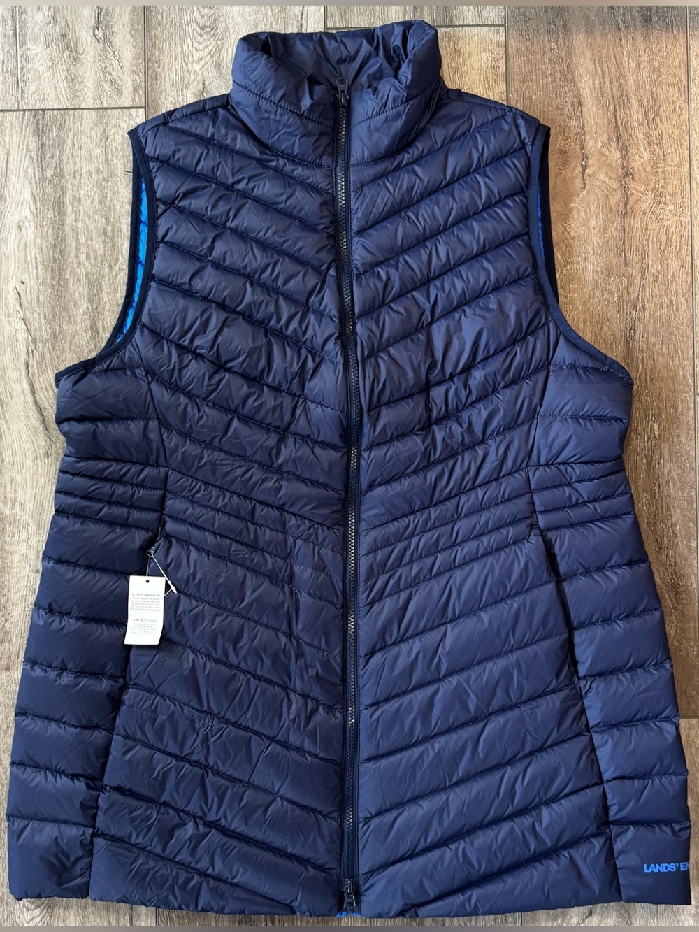 Lands End Long Puffer Vest XL / 18 Packable 800 FP Down Navy Quilted Two-Way Zip